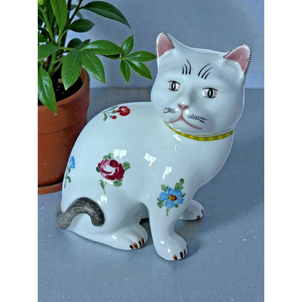 Vintage White Floral Cat Figure Porcelain Bow Chubby Hand painted Home Deco - Picture 6 of 14